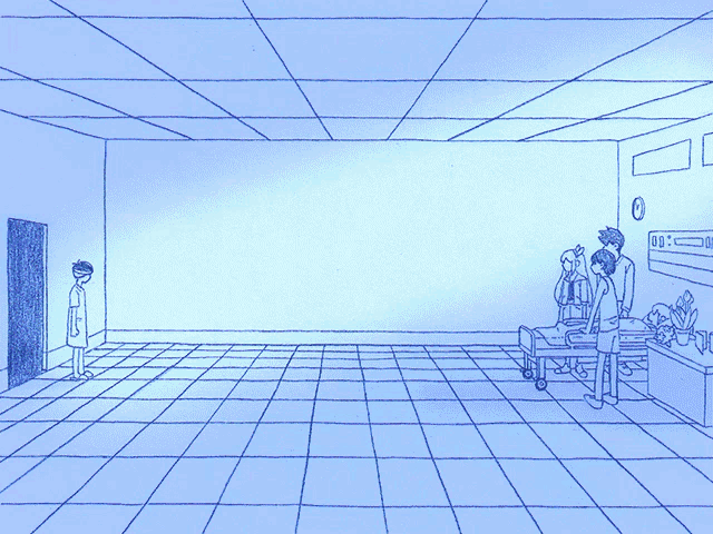 a drawing of people in a room with a clock on the wall that says 00