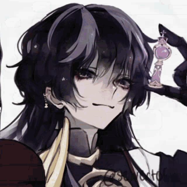 a drawing of a girl with long black hair holding a small bottle