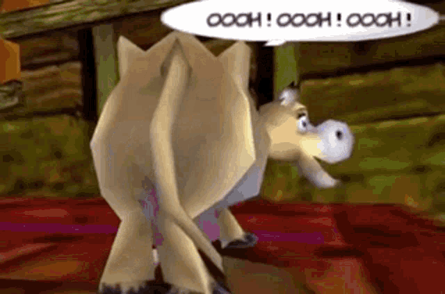 a cartoon cow is standing in a room and talking .