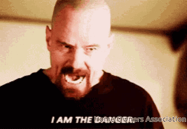 a bald man with a beard is screaming and saying i am the home owners association