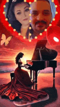 a woman in a red dress is playing a piano in front of a man and a heart .