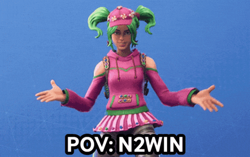 a video game character with the words pov n2win written below her