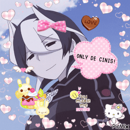 a picture of a cartoon character with hearts around him and a speech bubble that says only de cinis