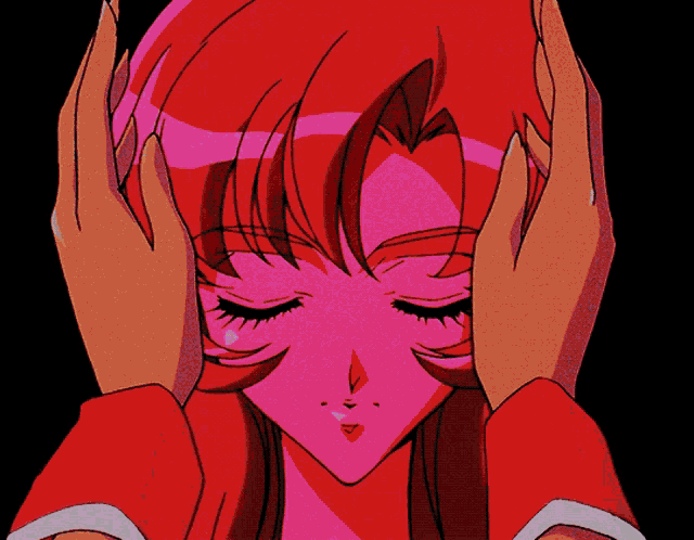a cartoon of a girl with red hair covering her ears with her hands