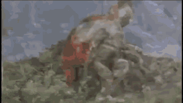 a blurred image of a man kneeling down in a field holding something .