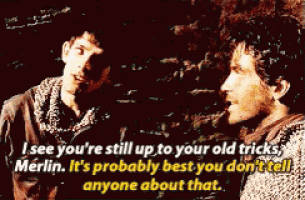 two men are standing next to each other and one of them says " i see you 're still up to your old tricks merlin "