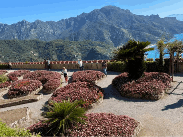 a group of people are walking through a garden with mountains in the background
