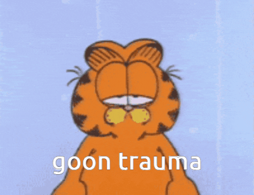 a cartoon of garfield with the words goon trauma on the bottom