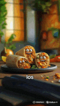 three burritos with smiley faces on them are on a plate with the word los on the bottom