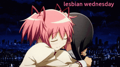 two anime girls hugging each other with the words lesbian wednesday below them