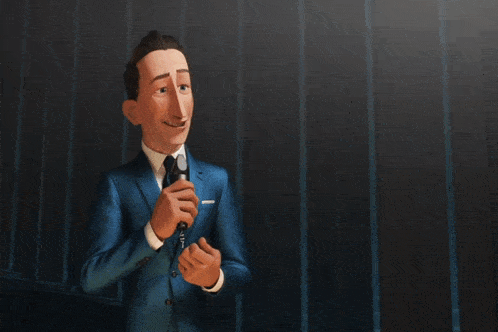 a man in a blue suit is holding a microphone and a skull