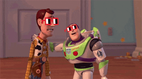 woody and buzz lightyear from toy story wearing 3d sunglasses
