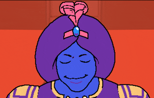 a pixel art drawing of a genie with his eyes closed and a pink bow on his head