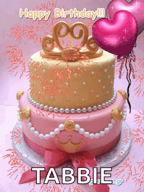 a pink and gold birthday cake with the name tabbie written on it