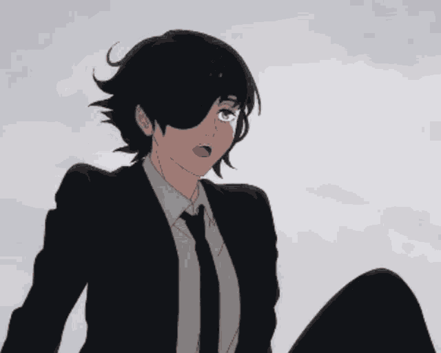 a black haired anime character in a suit and tie with a surprised look on her face