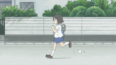 a girl in a school uniform is running down the street with a wind up toy on her back