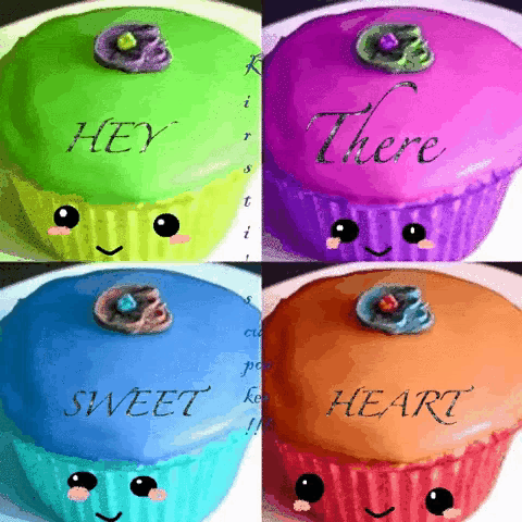 a collage of four cupcakes with the words hey there sweet heart written on them