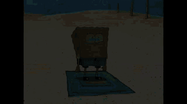 a cartoon character named spongebob is standing on a rug on the beach