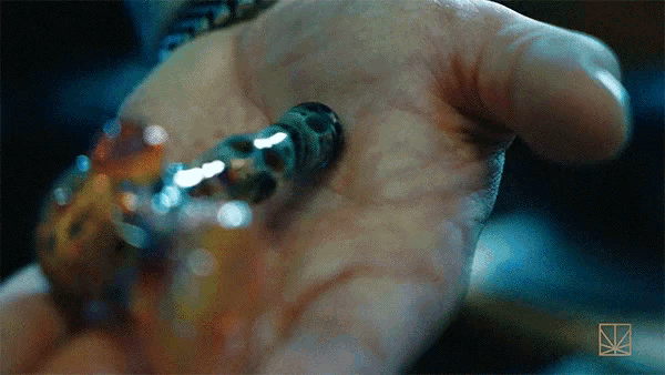 a close up of a person 's hand holding a necklace