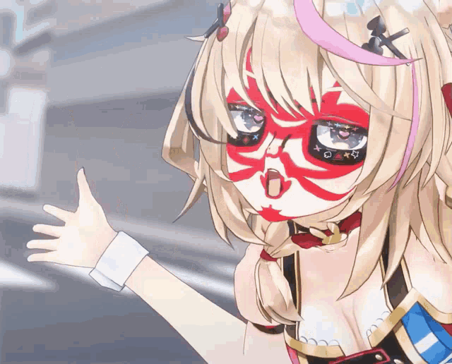 a girl with a red mask on her face is waving her hand