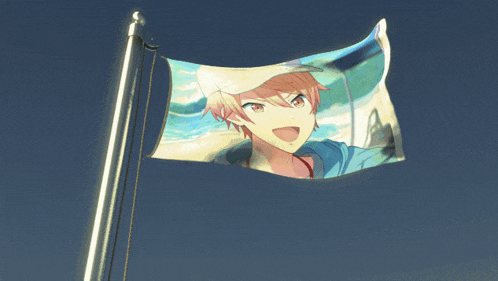 a flag with a picture of a boy on it is waving in the wind