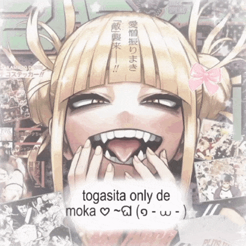 a picture of a girl with her mouth open and the words " togasita only de moka " on the bottom