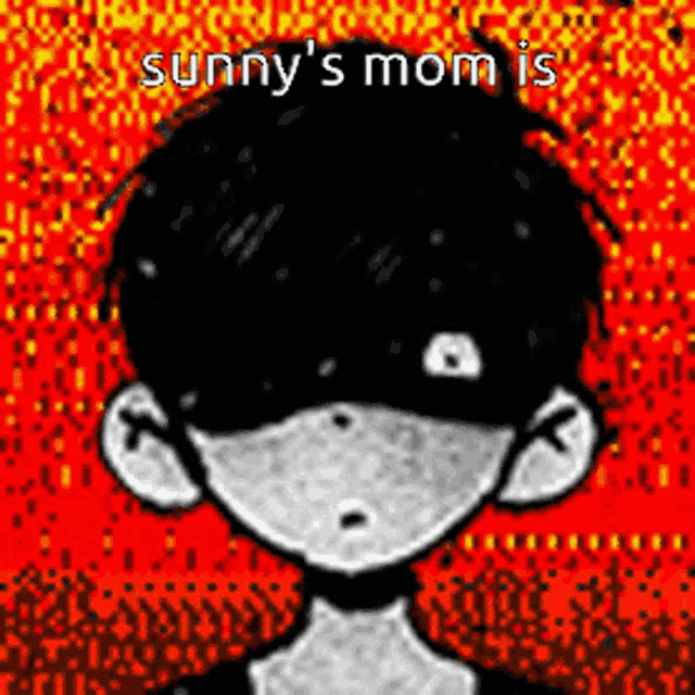 a black and white drawing of a boy with the words `` sunny 's mom is '' written above him .