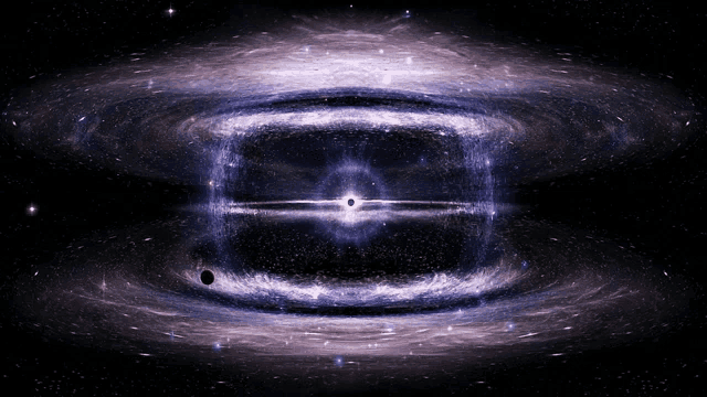 a purple galaxy with a black hole in the middle of it