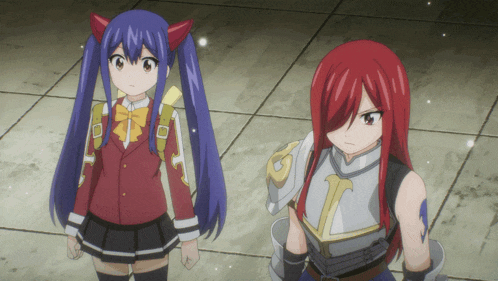 wendy and erza from fairy tail are standing next to each other on a tiled floor