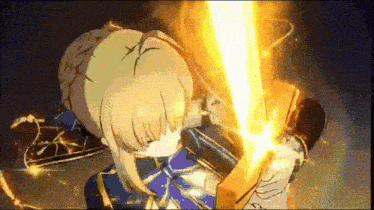 a cartoon character is holding a sword with a flame coming out of it