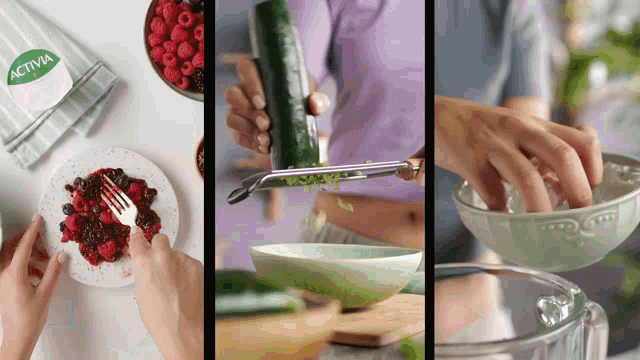 a collage of three pictures shows a woman preparing a meal with activia yogurt