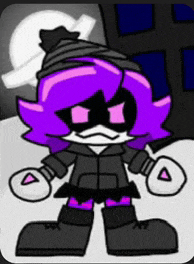 a cartoon character with purple hair and gloves is standing in front of a building .