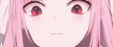 a close up of a girl with pink hair and red eyes making a face .