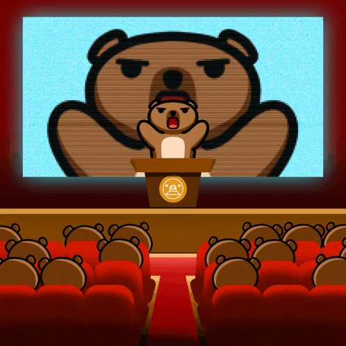 a cartoon bear is giving a speech in front of an audience