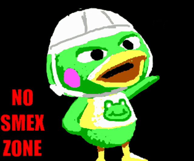 a drawing of a duck with the words no smex zone in red letters