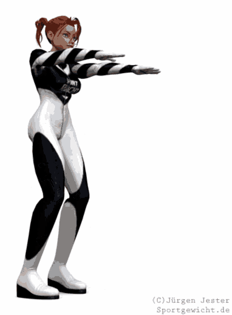 a woman in a black and white striped suit is standing with her hands outstretched