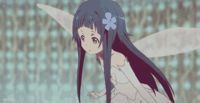 a picture of a girl with a flower in her hair and the name mitsuwa at the bottom