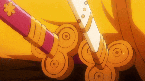 a close up of a pink and white sword with a flower on the handle