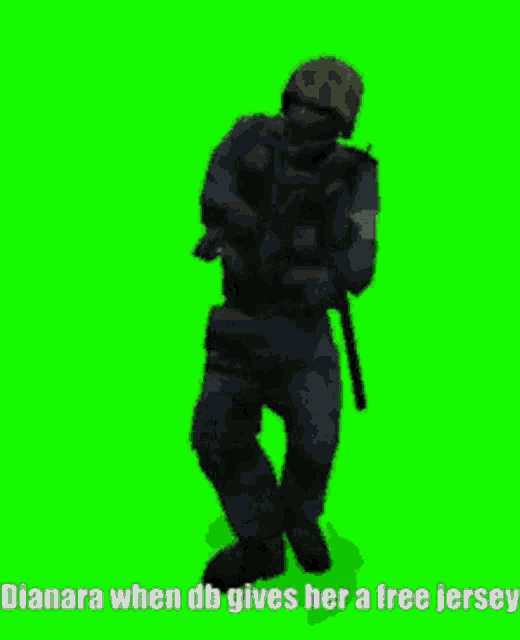 a soldier is dancing in front of a green screen with the caption diana when db gives her a free jersey