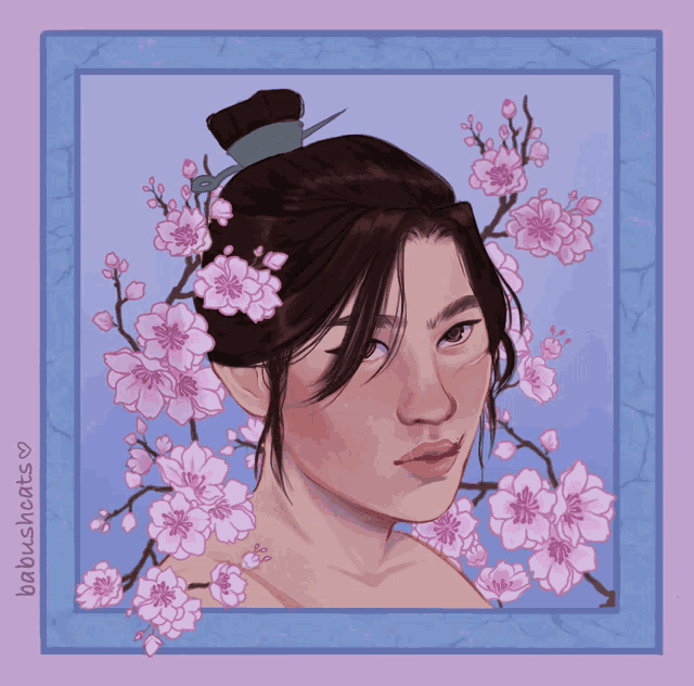 a drawing of a woman surrounded by cherry blossoms has the name bubblecats written on the bottom