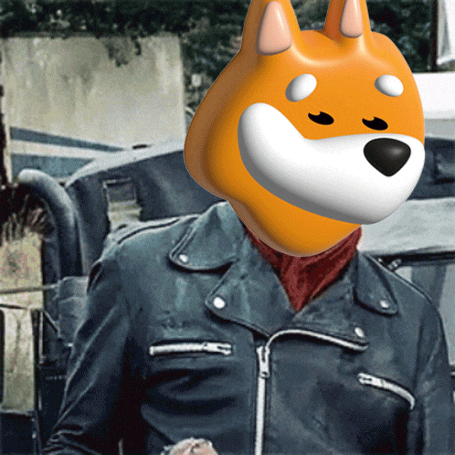 a man wearing a leather jacket has a fox mask on his head