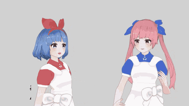 a couple of anime girls standing next to each other with chinese writing in the corner