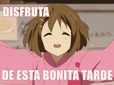 a girl in a pink kimono with her arms outstretched and the words disfruta de esta bonita tarde below her