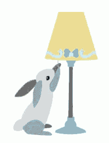 a white rabbit is standing next to a lamp on a black background .