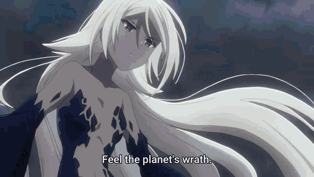a woman with long white hair is saying feel the planet 's wrath
