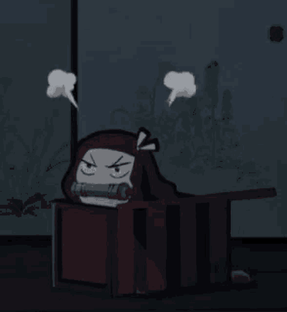 a cartoon character is laying in a box with a speech bubble coming out of it .