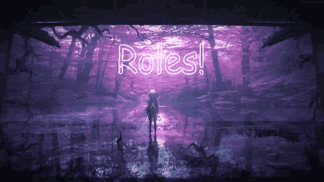 a person standing in a dark forest with a neon sign that says " rote ! "