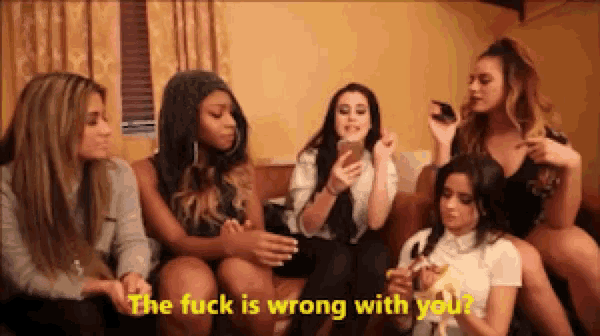 a group of women sitting on a couch with the words " the fuck is wrong with you " on the bottom