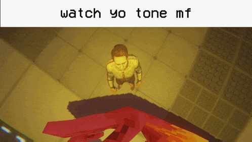 a man is standing in a room with the words watch yo tone mf below him