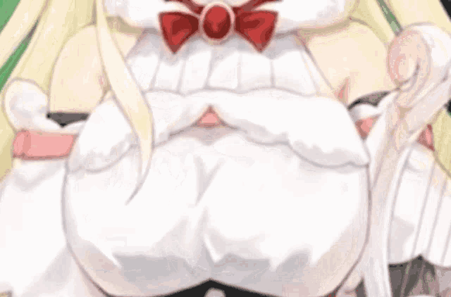 a close up of a girl in a white dress with a red bow around her neck .
